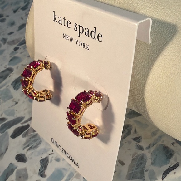 NWT Kate Spade Candy Shop Ruby CZ Huggie Earrings Gold Tone - Picture 2 of 3